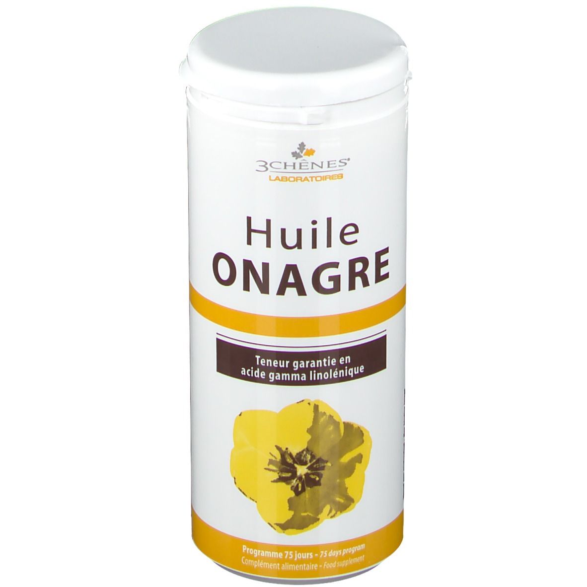 Zylindrische Dose mit weißem Deckel. Aufschrift: Huile Onagre. Gelbe Blume und brauner Streifen mit Text. Marke: 3 Chênes.