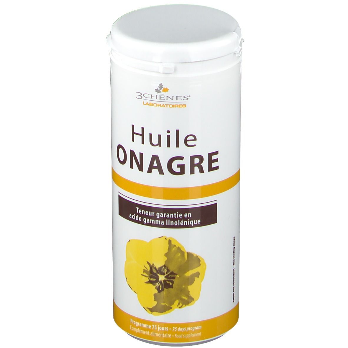 Zylindrische Dose mit weißem Deckel. Aufschrift: Huile Onagre. Gelbe Blume und brauner Streifen mit Text. Marke: 3 Chênes.