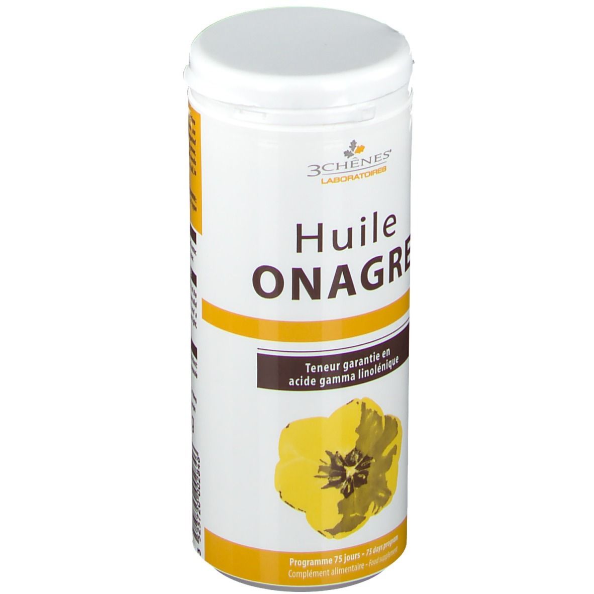 Zylindrische Dose mit weißem Deckel. Aufschrift: Huile Onagre. Gelbe Blume und brauner Streifen mit Text. Marke: 3 Chênes.