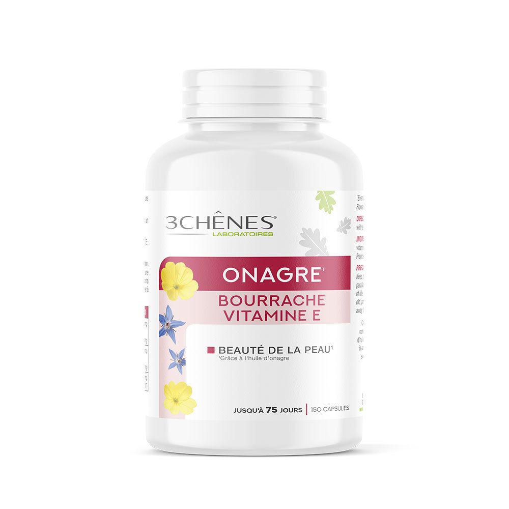 Weiße Flasche mit Kapseln. Aufschrift: Onagre Bourrache Vitamine E. Marke: 3 CHÊNES. Für Hautgesundheit.