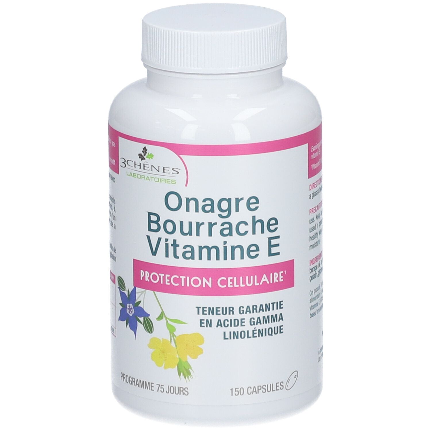 Flacon blanc, étiquette rose. Inscription: Onagre Bourrache Vitamine E. 150 capsules. Marque: 3 Chênes.