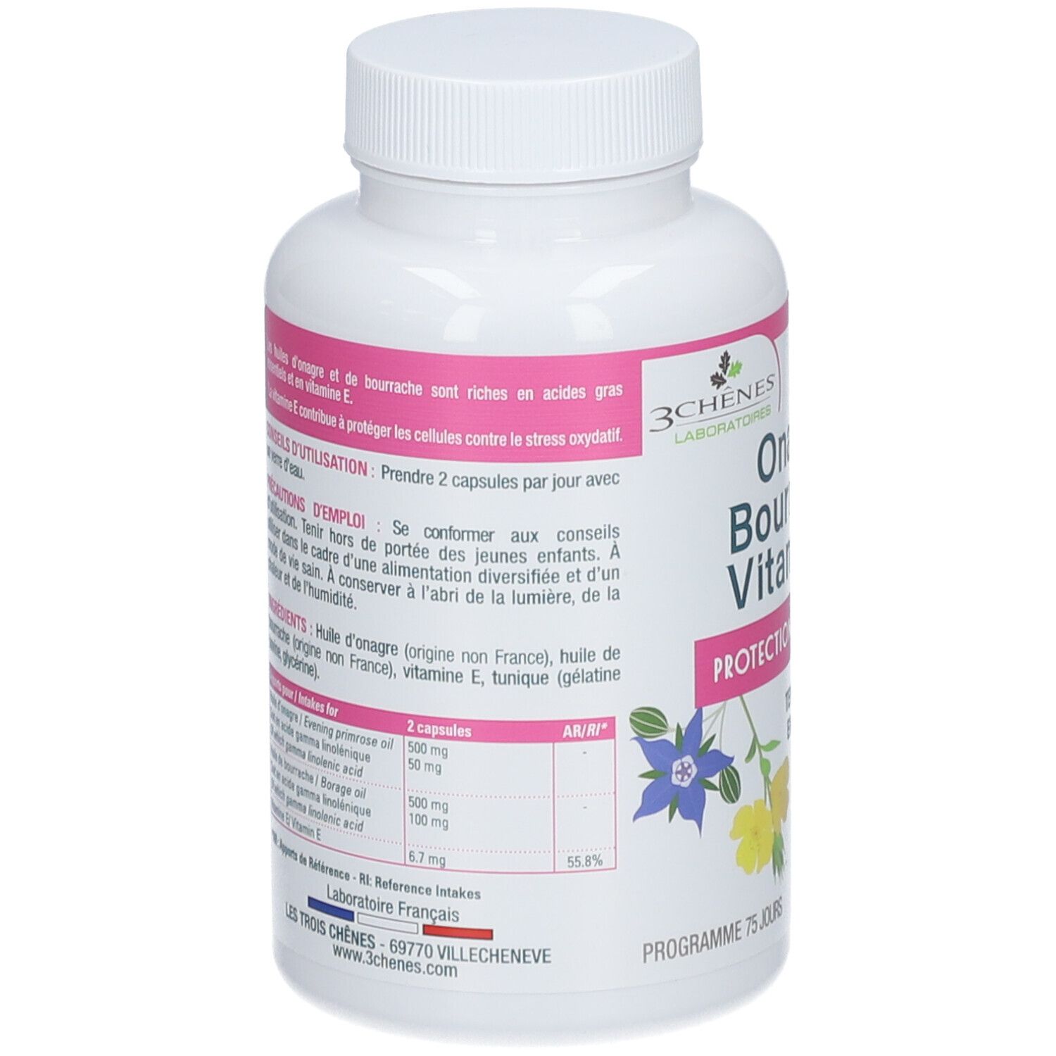 Dos du flacon. Texte avec ingrédients et dosage. Marque: 3 Chênes. Contient huile, vitamine E.