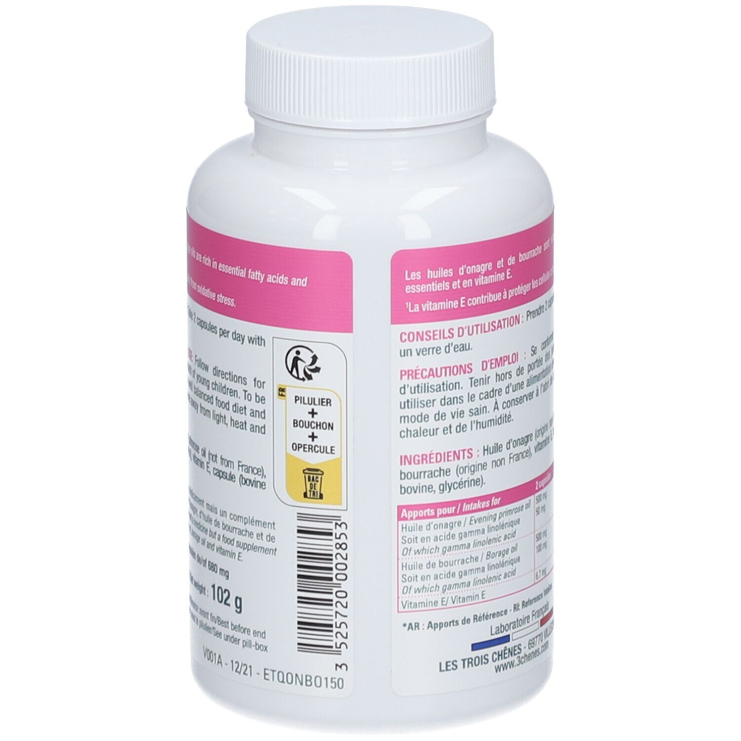 Dos du flacon. Texte avec conseils d'utilisation et avertissements. Marque: 3 Chênes. Poids: 102g.