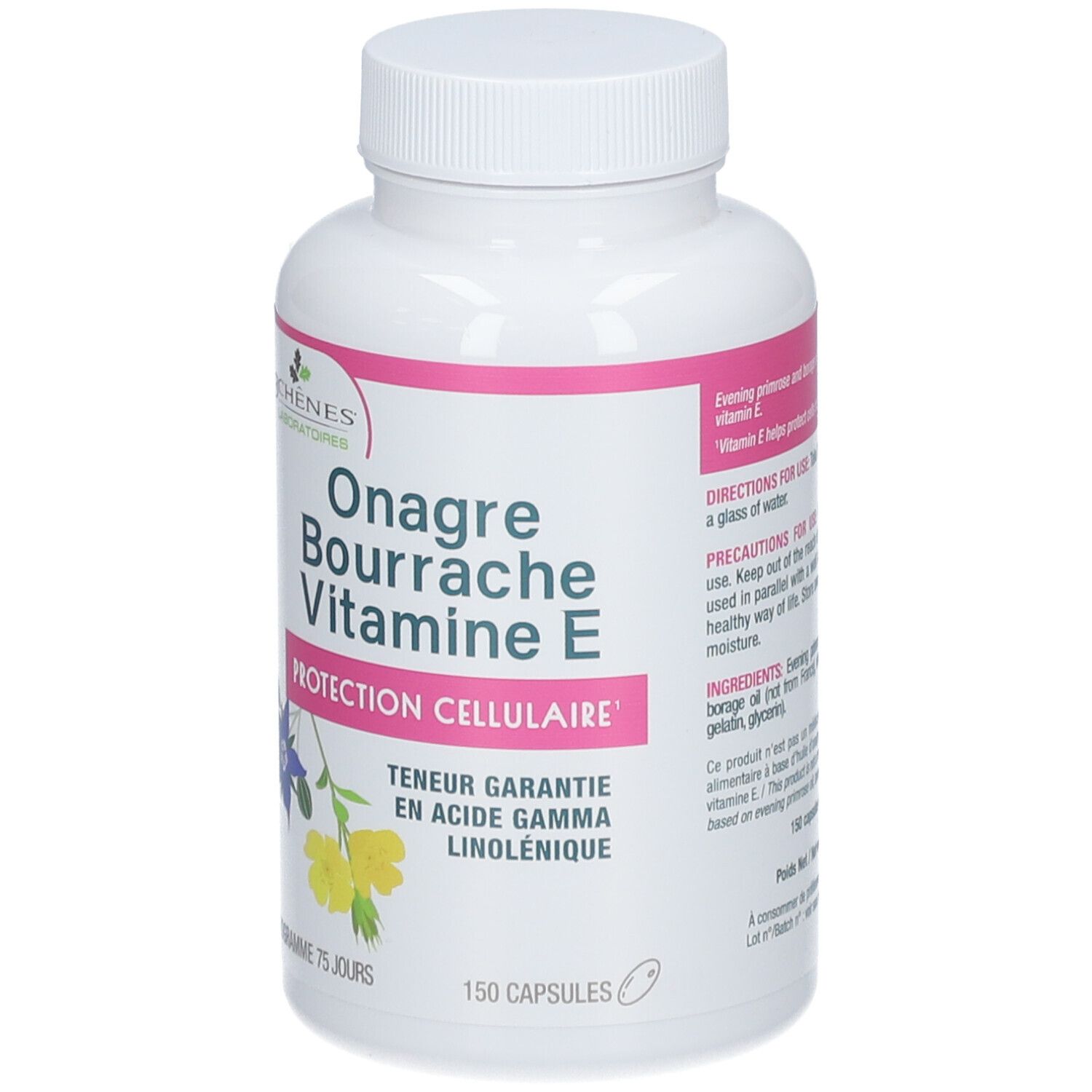 Flacon blanc, étiquette rose. Inscription: Onagre Bourrache Vitamine E. 150 capsules. Marque: 3 Chênes.