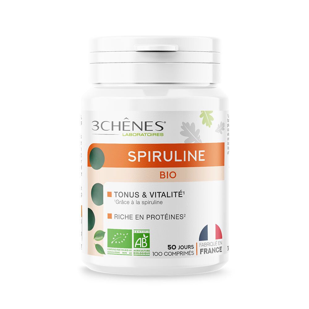 Flacon blanc de Spiruline Bio. Inscriptions : Tonus & Vitalité, Riche en protéines. Contient 100 comprimés. Label AB.
