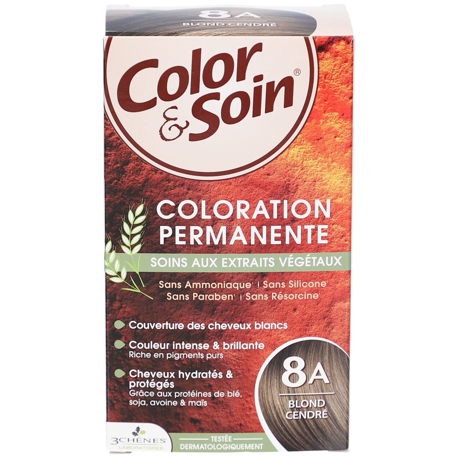Boîte de coloration capillaire. Inscription : Color & Soin, 8A Blond cendré. Coloration permanente. Extraits végétaux. Sans ammoniaque.