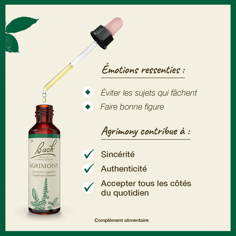 Grafik mit Produkt und Text. Beschreibt Emotionen und Vorteile von Agrimony. Marke: Bach. Ergänzungsmittel.