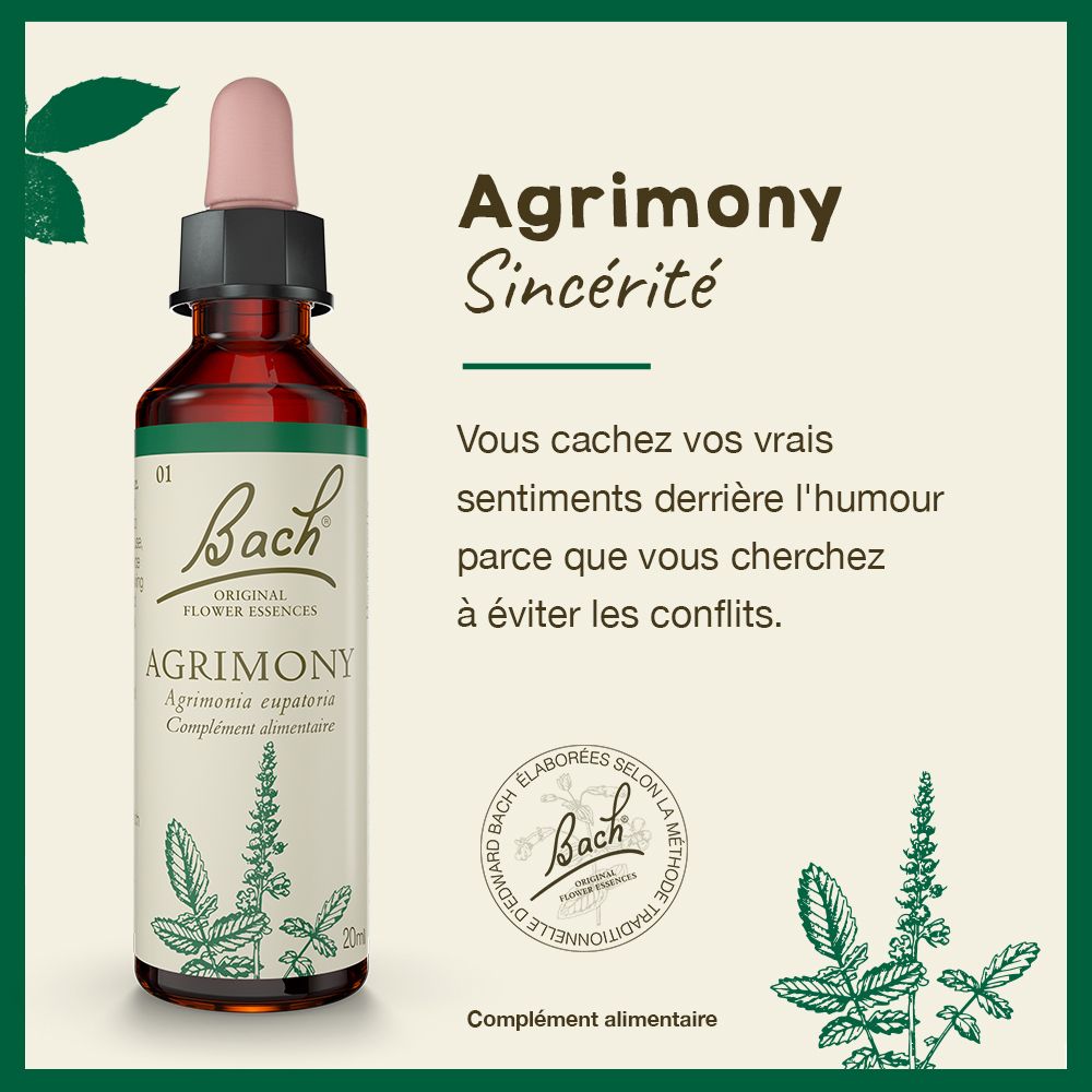 Produkt mit Text. Beschreibt Agrimony und seine Vorteile. Marke: Bach. Ergänzungsmittel.