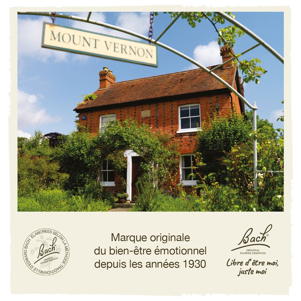 Foto eines Hauses mit Schild. Text: Mount Vernon. Marke: Bach. Seit 1930 für emotionales Wohlbefinden.