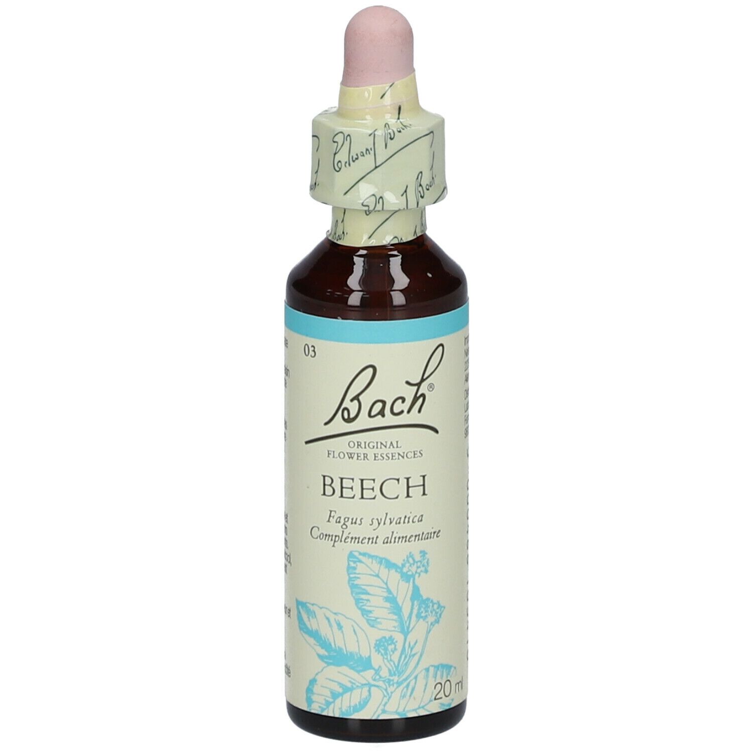 Flacon avec compte-gouttes. Étiquette 'Bach' et 'Beech'.