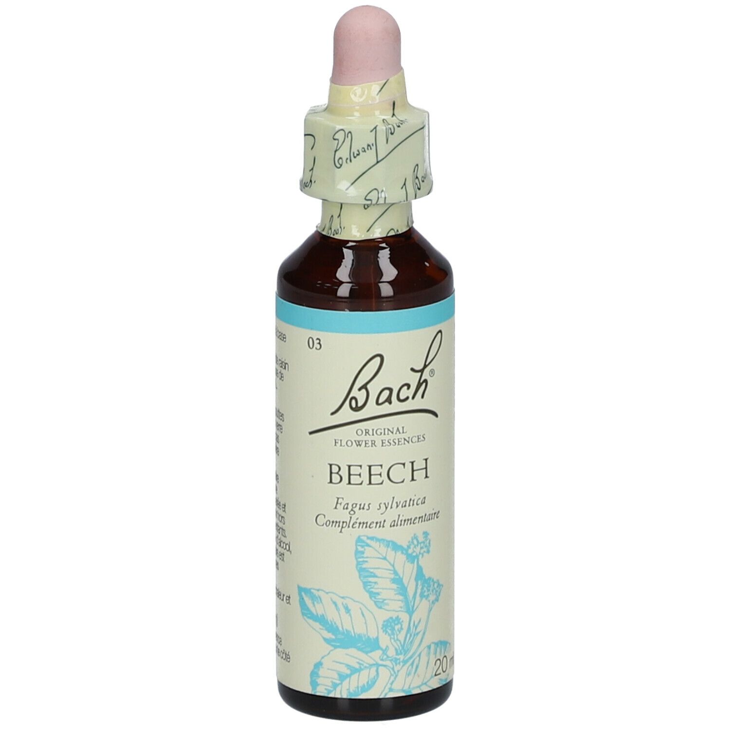 Flacon avec compte-gouttes. Étiquette 'Bach' et 'Beech'.