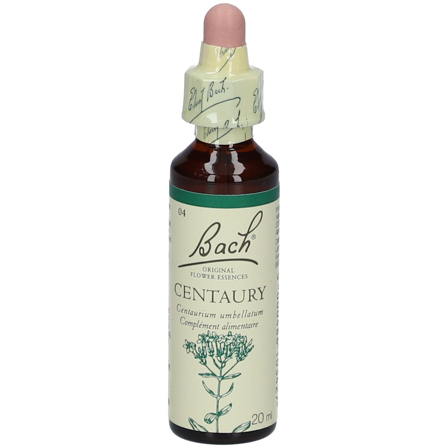 Flacon de produit avec compte-gouttes. Étiquette 'Bach' et 'Centaury'.
