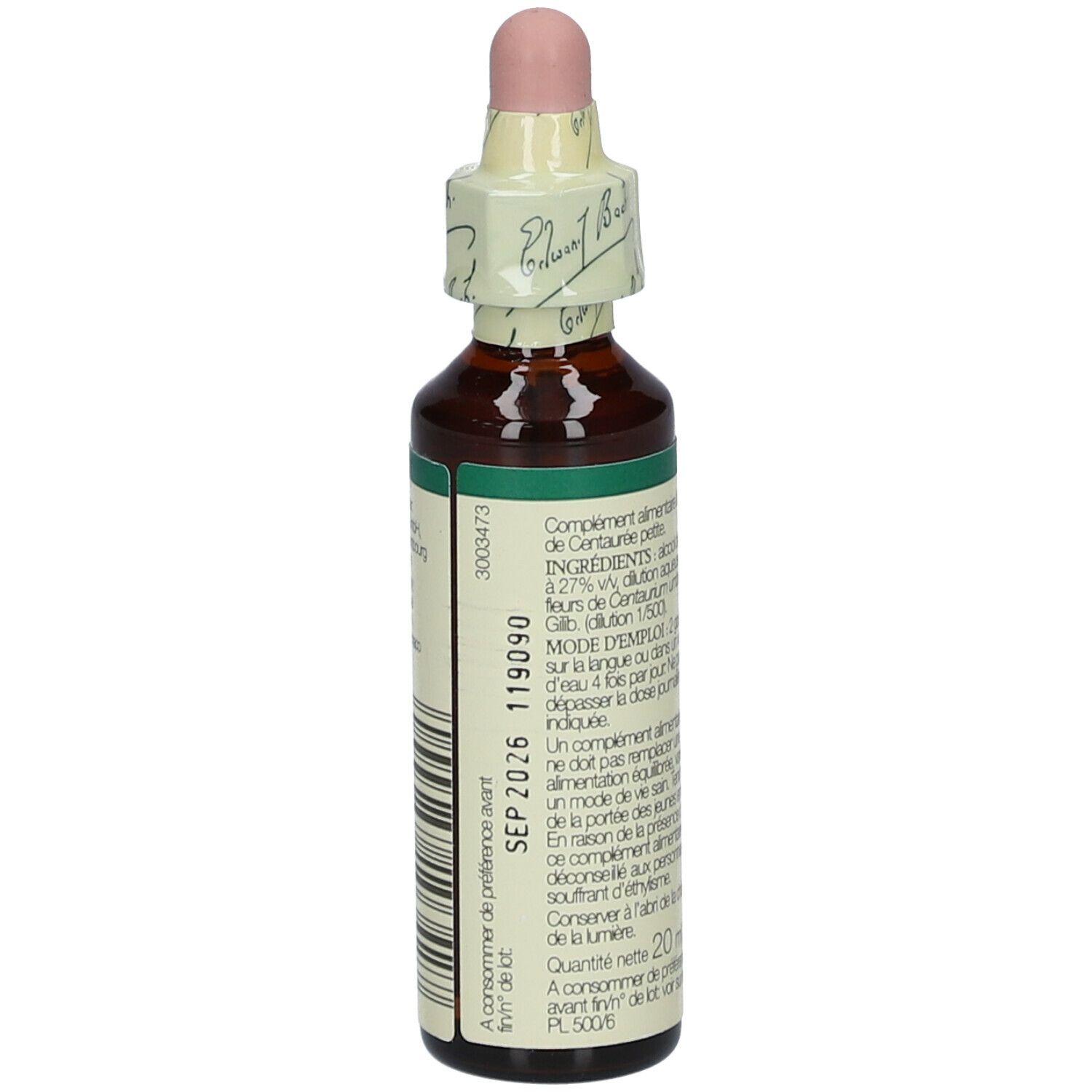 Flacon de produit avec compte-gouttes. Étiquette avec texte et date de péremption.