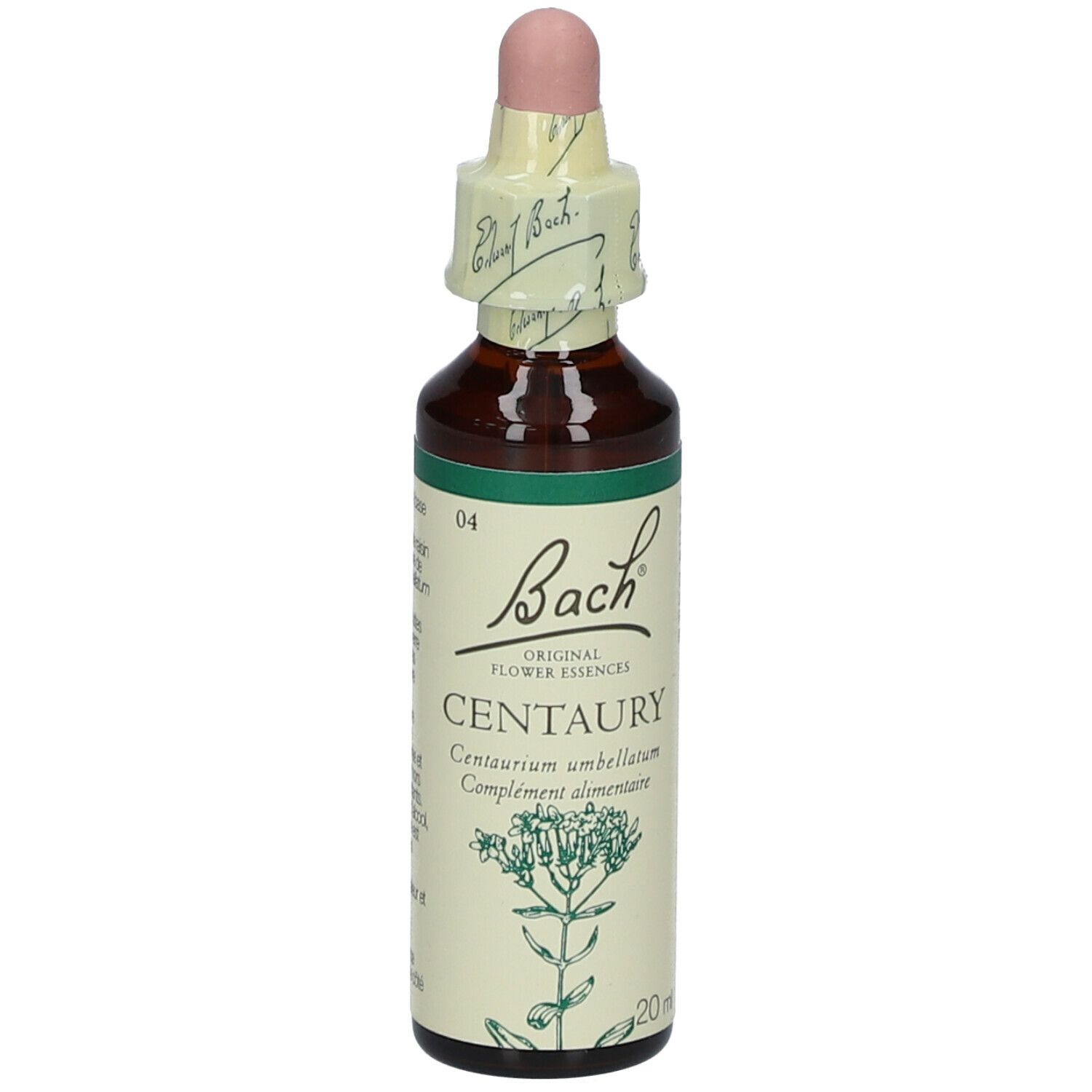 Flacon de produit avec compte-gouttes. Étiquette 'Bach' et 'Centaury'.