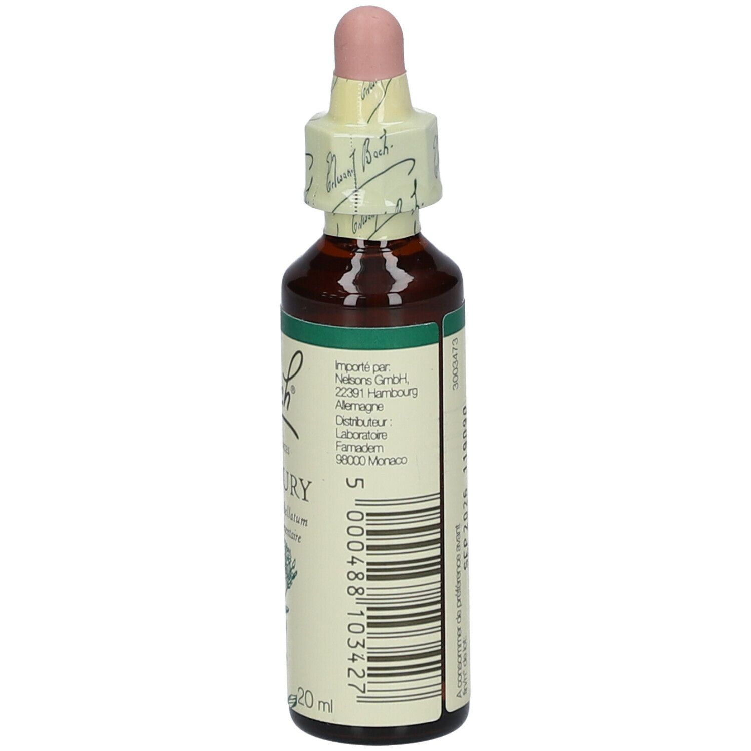 Flacon de produit avec compte-gouttes. Étiquette avec texte et informations du fabricant.