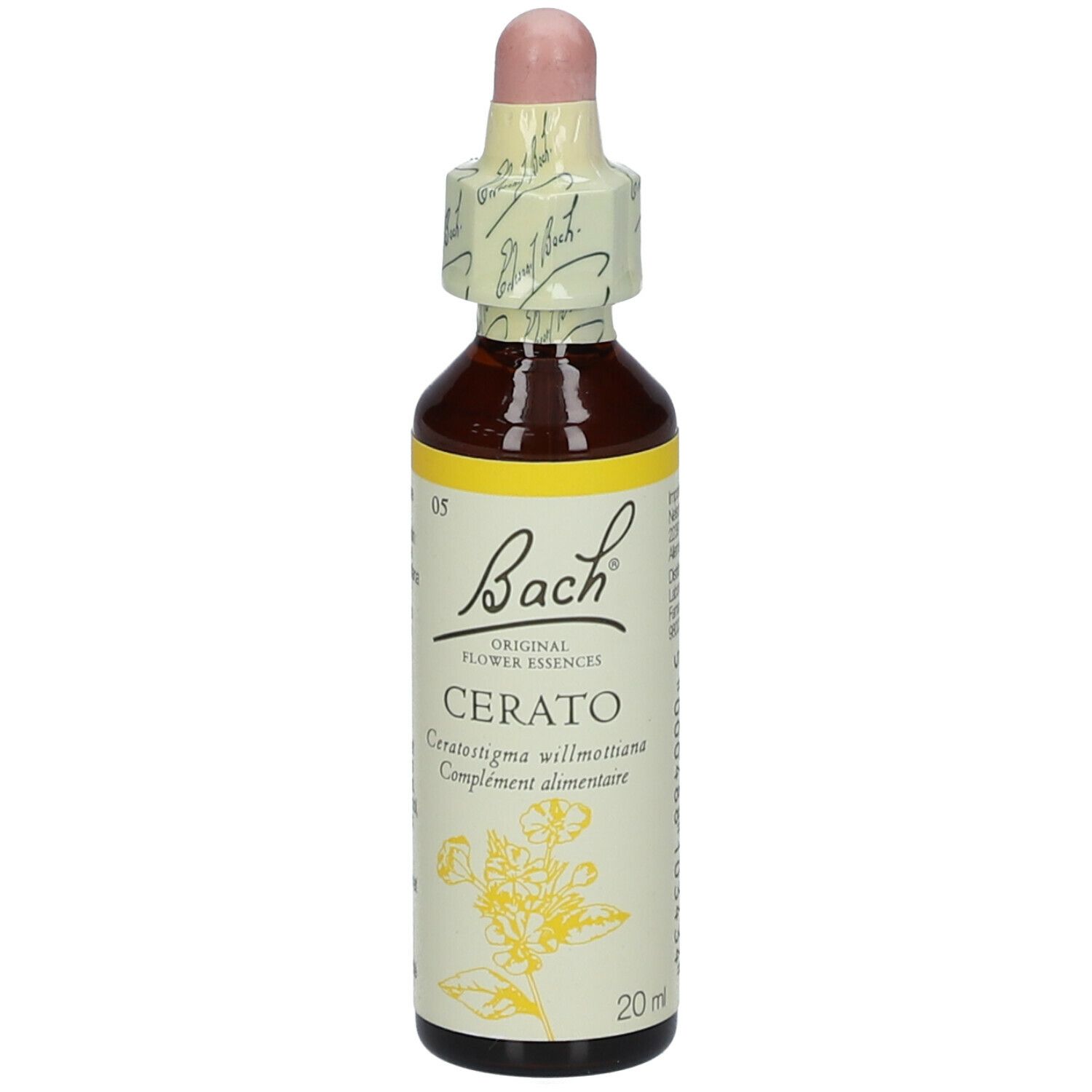 Flacon en verre brun avec étiquette jaune. Contient un liquide avec compte-gouttes. Inscription : Bach Original Flower Essences Cerato.