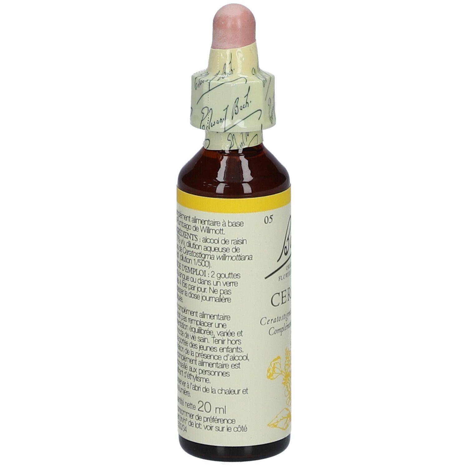 Flacon en verre brun avec étiquette jaune. Contient un liquide avec compte-gouttes. Inscription : Bach Original Flower Essences Cerato.