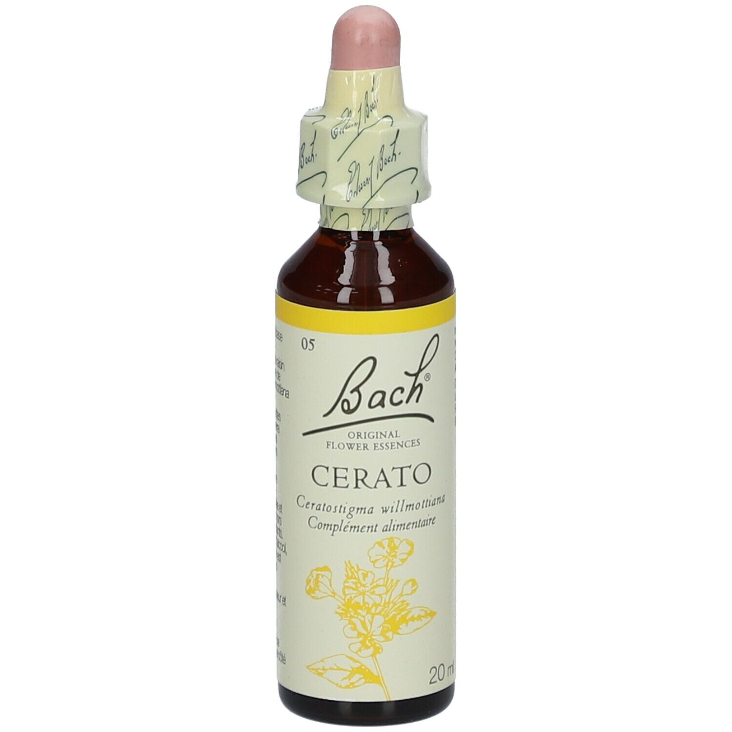 Flacon en verre brun avec étiquette jaune. Contient un liquide avec compte-gouttes. Inscription : Bach Original Flower Essences Cerato.