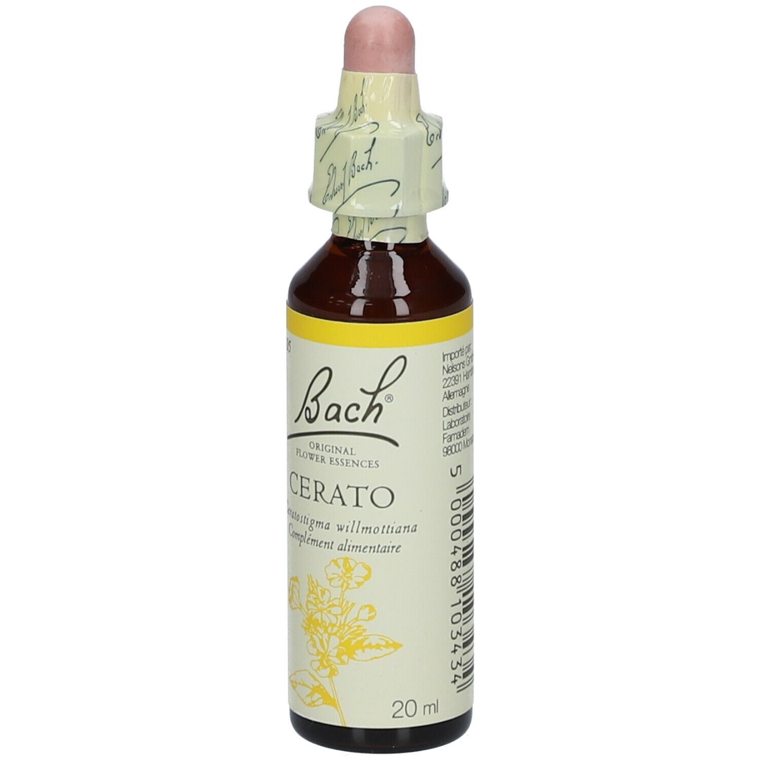 Flacon en verre brun avec étiquette jaune. Contient un liquide avec compte-gouttes. Inscription : Bach Original Flower Essences Cerato.