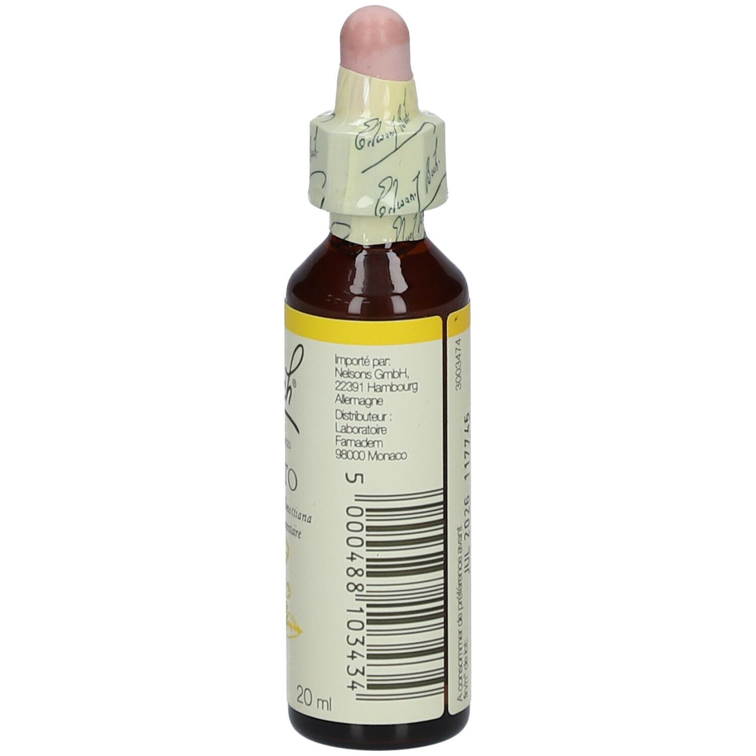 Flacon en verre brun avec étiquette jaune. Contient un liquide avec compte-gouttes. Inscription : Bach Original Flower Essences Cerato.