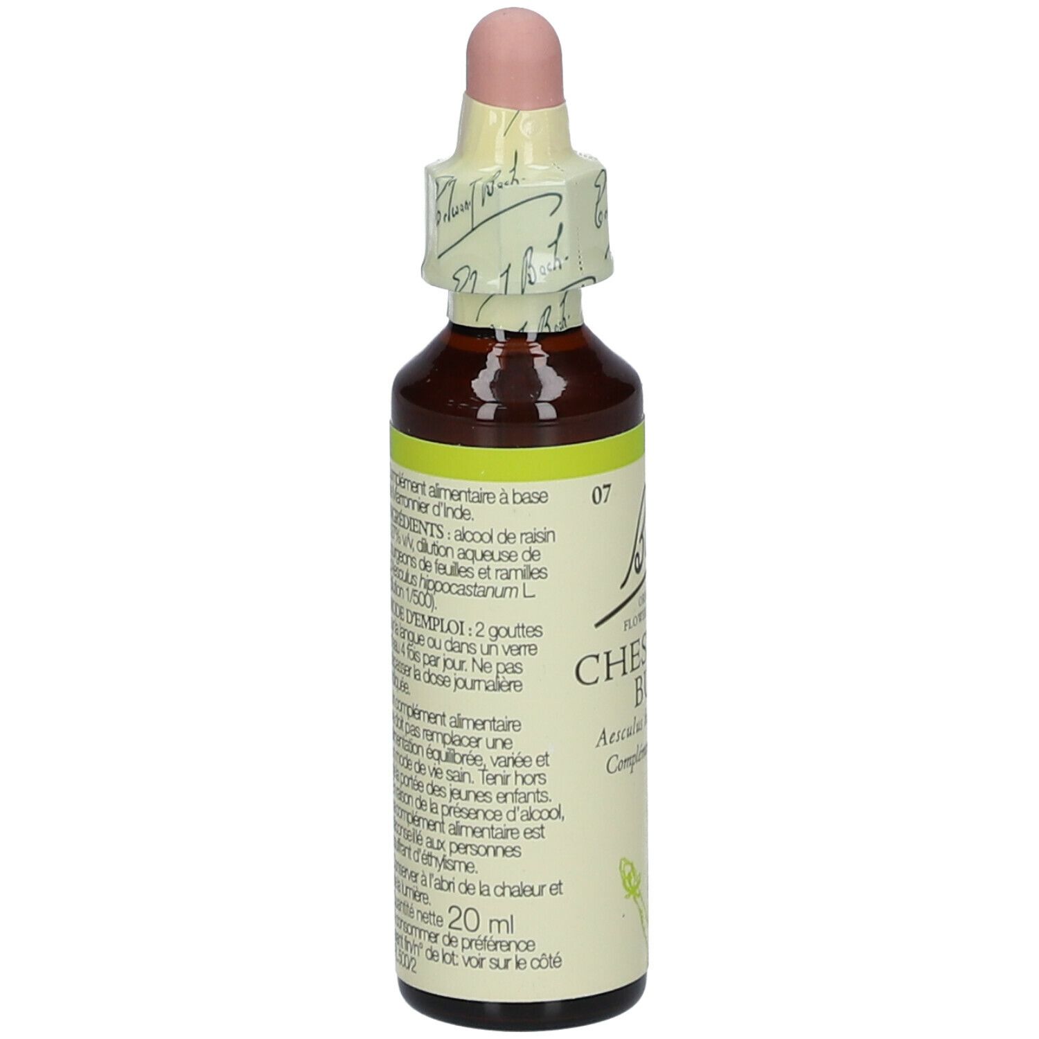 Flacon en verre brun avec compte-gouttes. Étiquette 'Bach' et 'Chestnut Bud'.