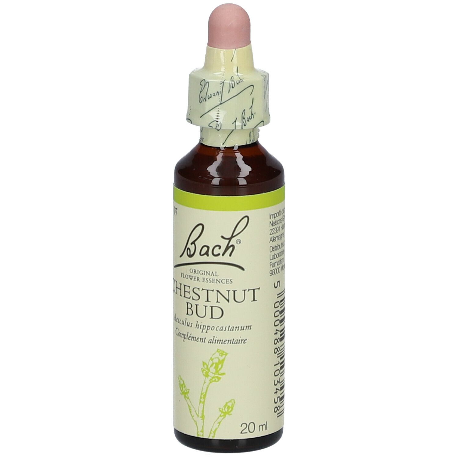 Flacon en verre brun avec compte-gouttes. Étiquette 'Bach' et 'Chestnut Bud'.