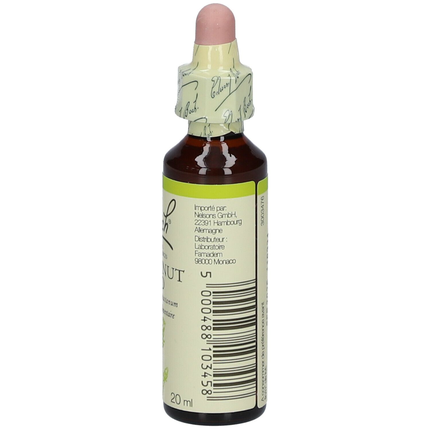 Flacon en verre brun avec compte-gouttes. Étiquette 'Bach' et 'Chestnut Bud'.