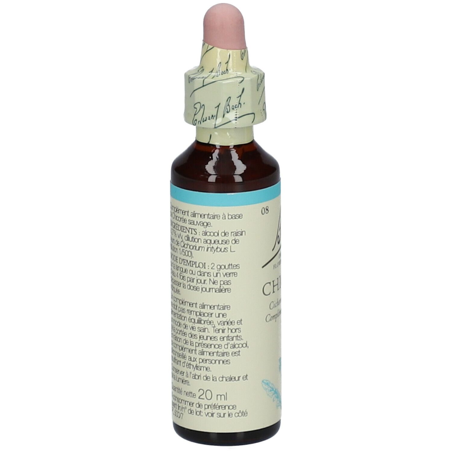 Braune Glasflasche mit Tropfer. Etikett mit Inhaltsstoffen und Anwendungshinweisen.