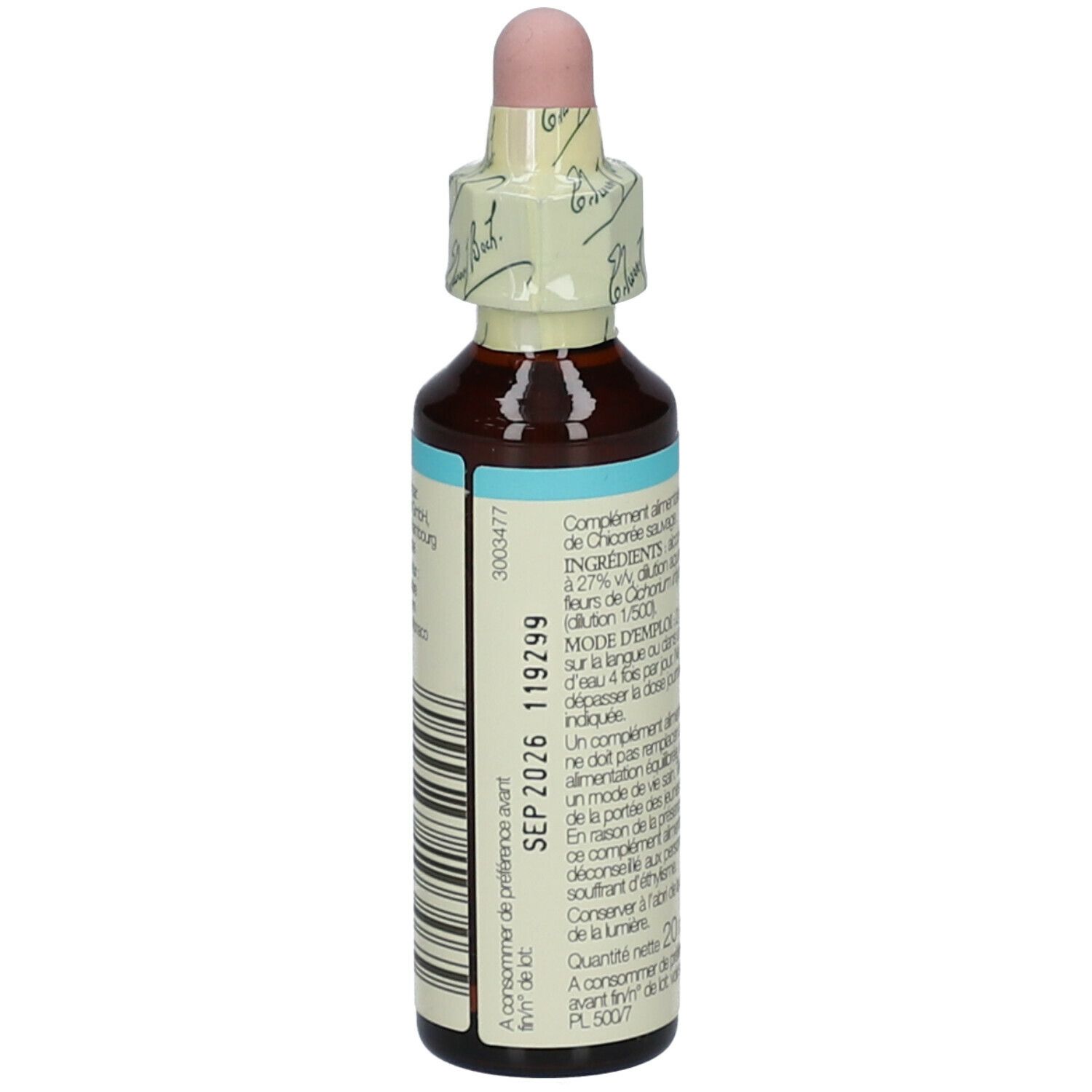 Braune Glasflasche mit Tropfer. Etikett mit Informationen und Barcode.