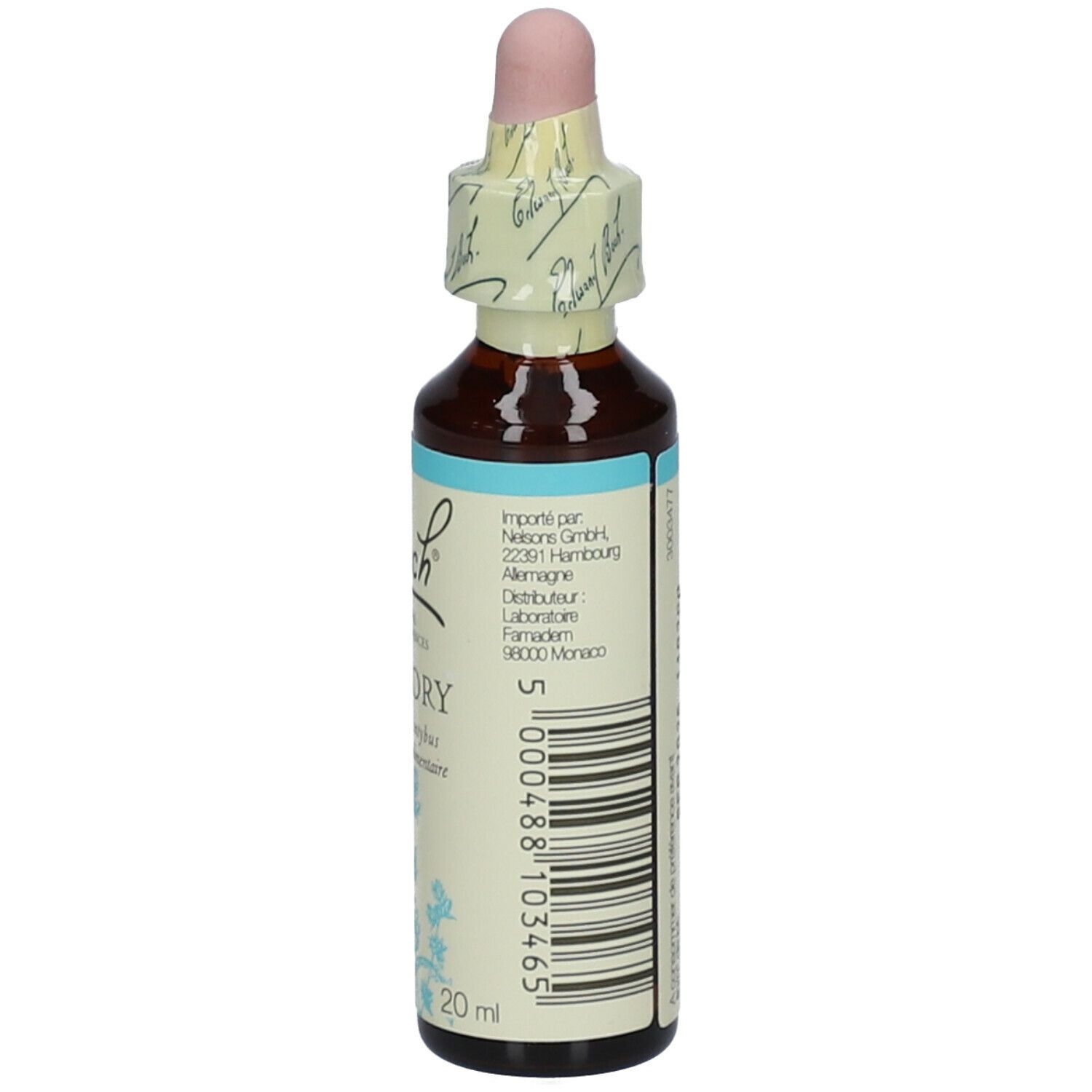 Braune Glasflasche mit Tropfer. Etikett mit Informationen und Barcode.