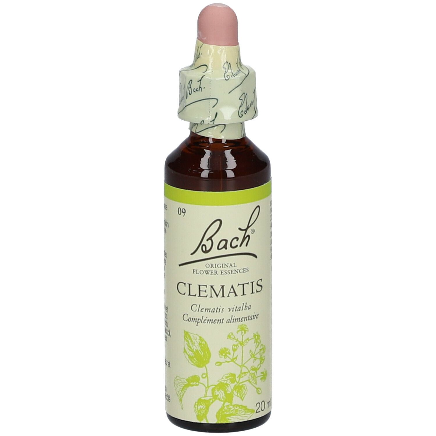 Flacon en verre brun avec compte-gouttes. Étiquette avec nom du produit et illustration florale. Marque : Bach.