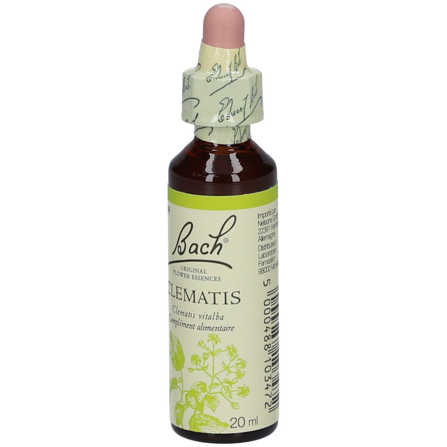 Flacon en verre brun avec compte-gouttes. Étiquette avec informations sur le produit. Marque : Bach.
