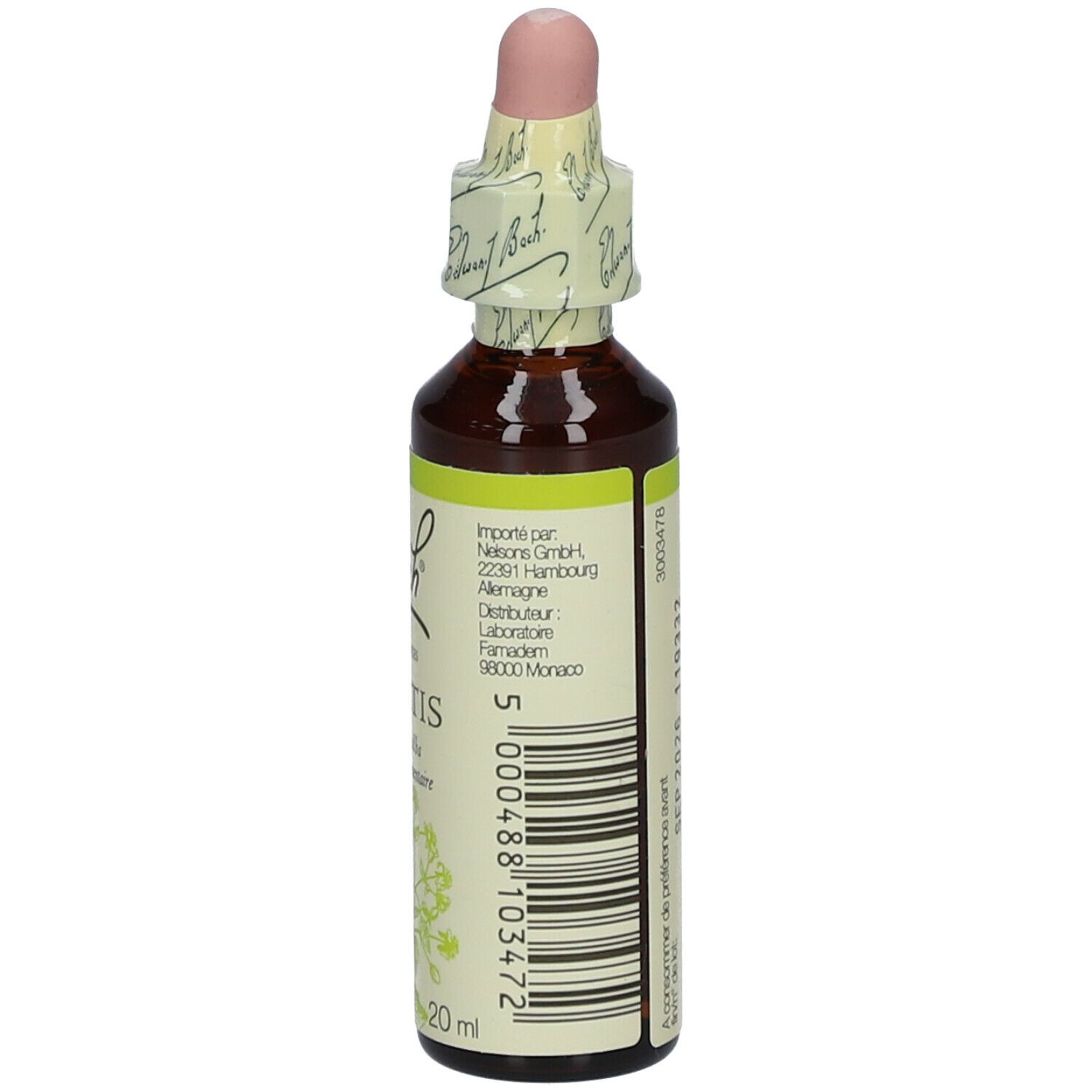 Flacon en verre brun avec compte-gouttes. Étiquette avec informations sur le produit. Marque : Bach.