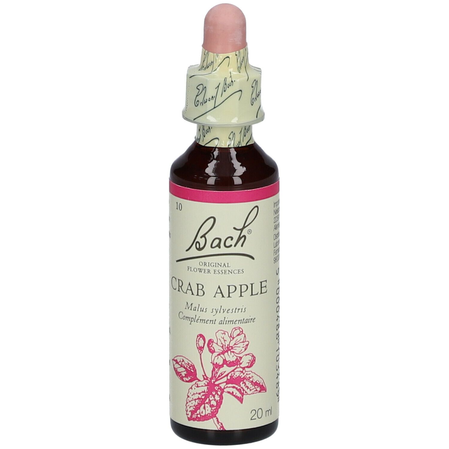 Flacon en verre brun avec bouchon rose. Étiquette: Bach Original Crab Apple.