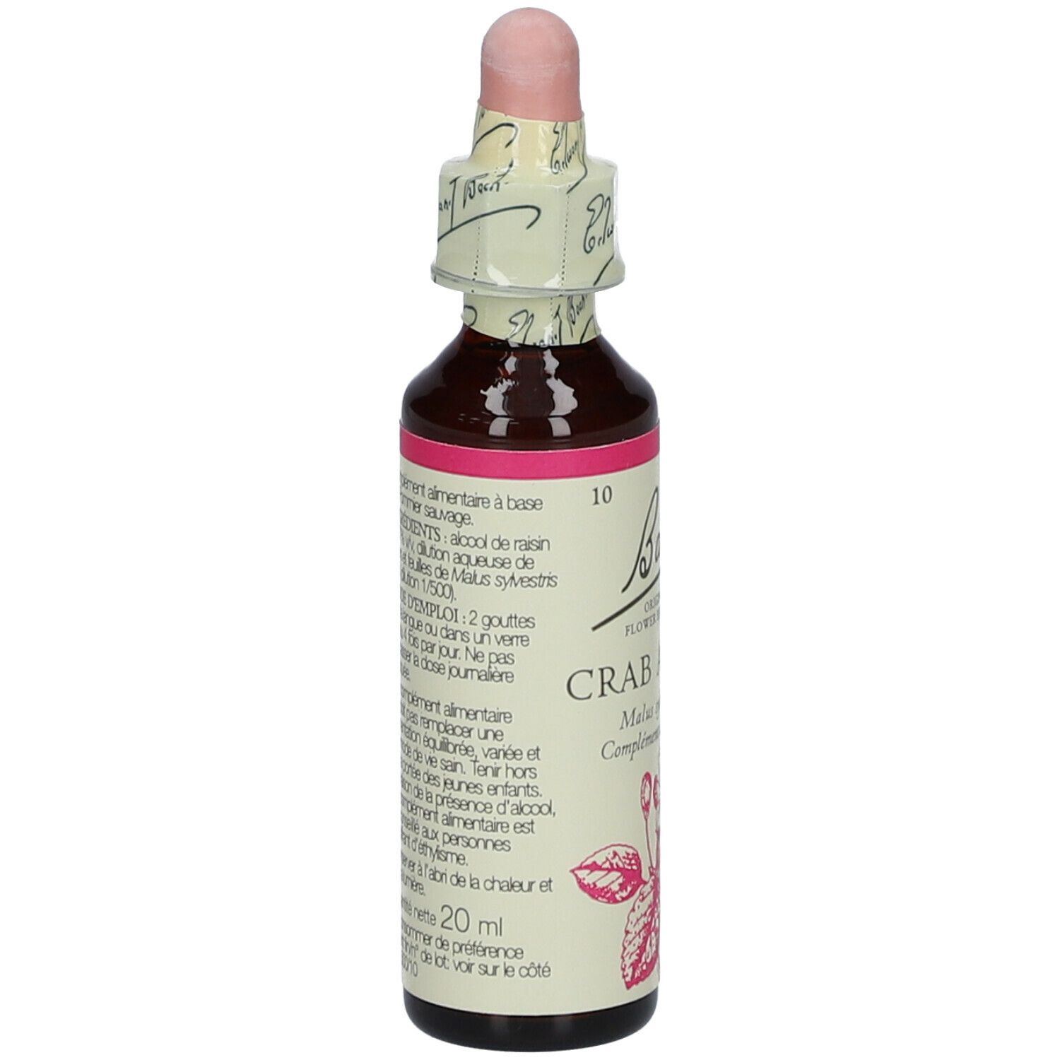 Flacon en verre brun avec bouchon rose. Étiquette avec texte et ingrédients.