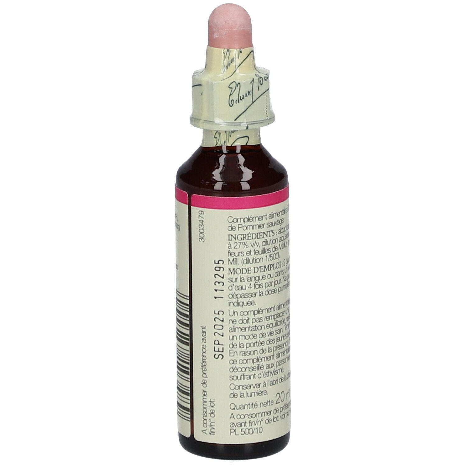 Flacon en verre brun avec bouchon rose. Étiquette avec texte et date de péremption.