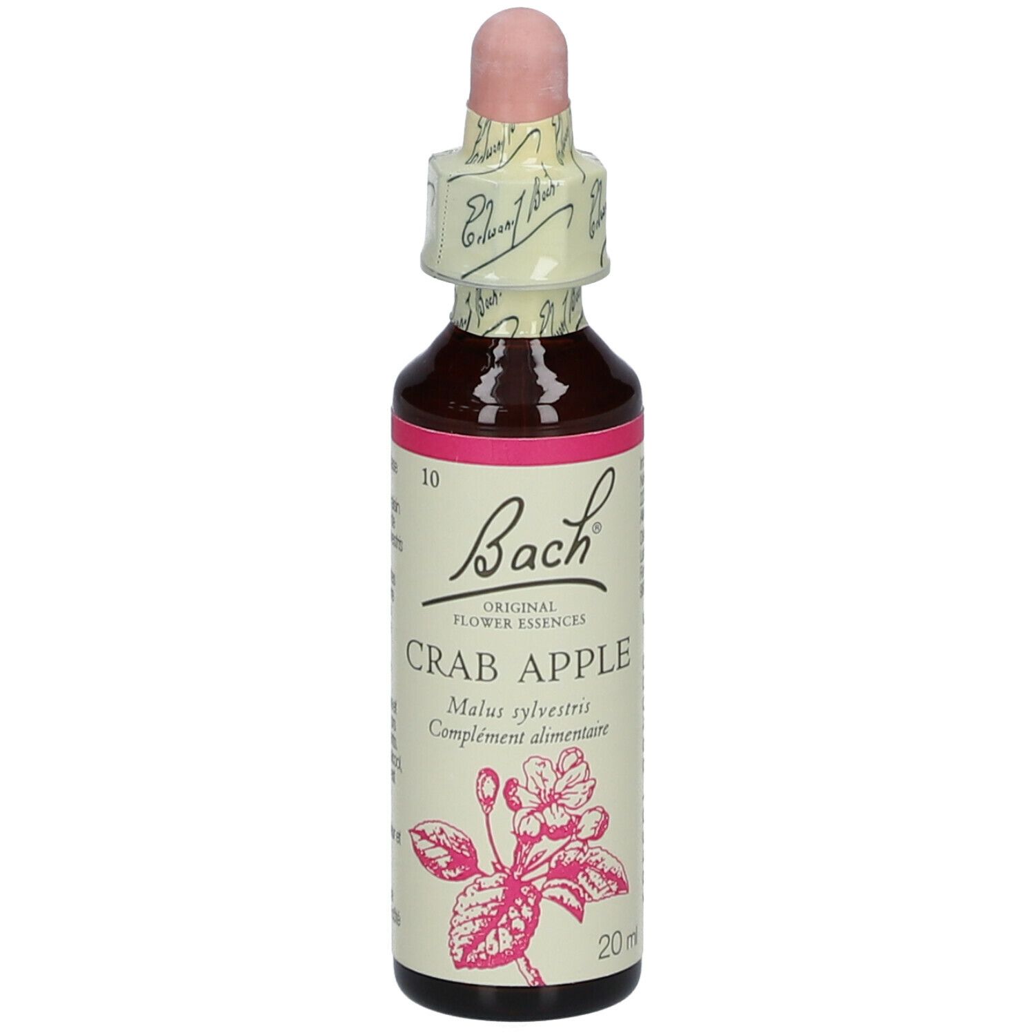 Flacon en verre brun avec bouchon rose. Étiquette: Bach Original Crab Apple.