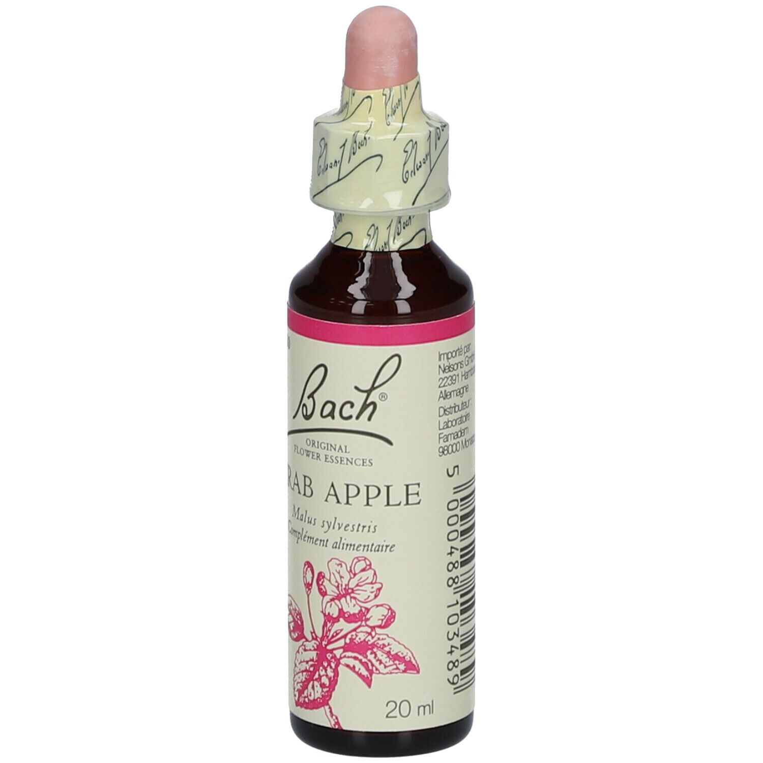 Flacon en verre brun avec bouchon rose. Étiquette: Bach Original Crab Apple.