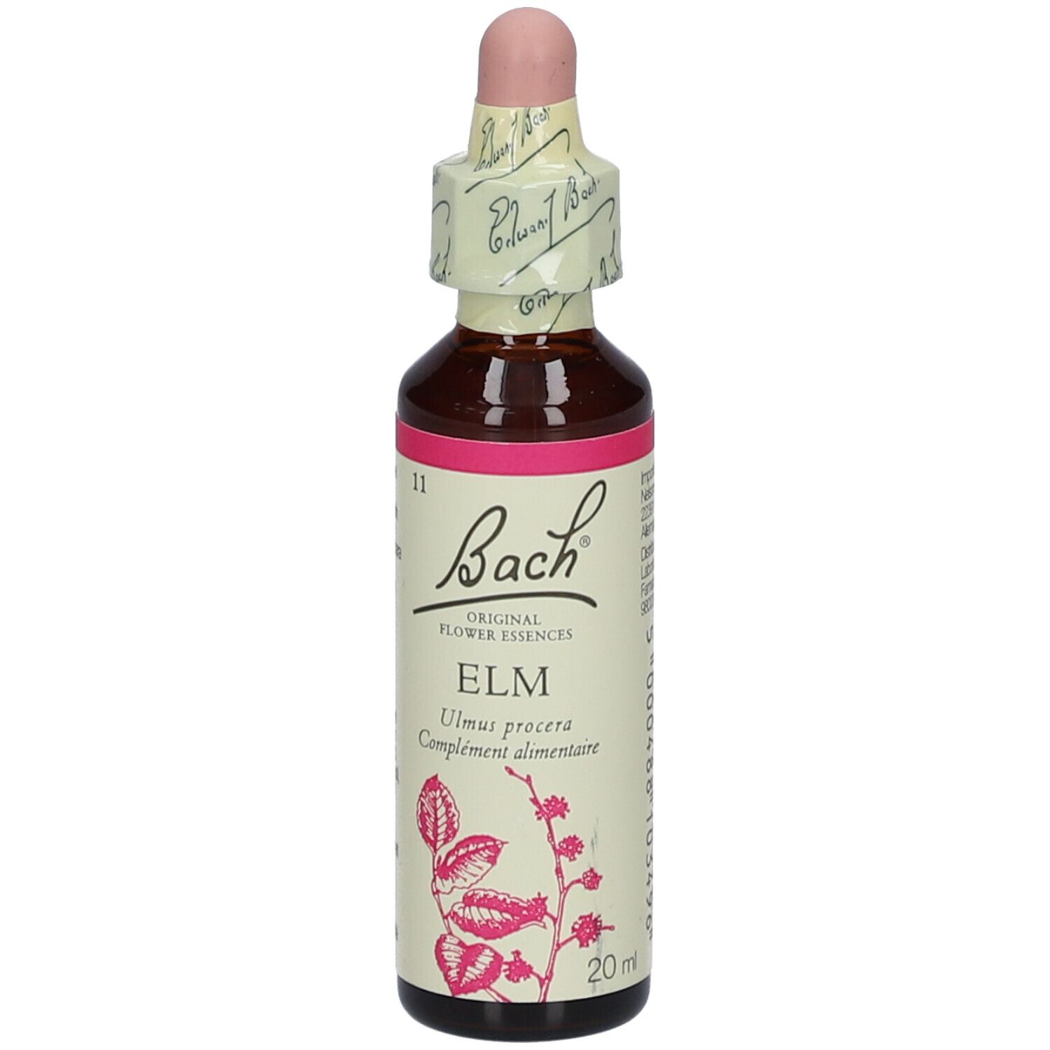 Flacon en verre brun avec étiquette rose et compte-gouttes. Inscription: Bach Original Flower Essences ELM.