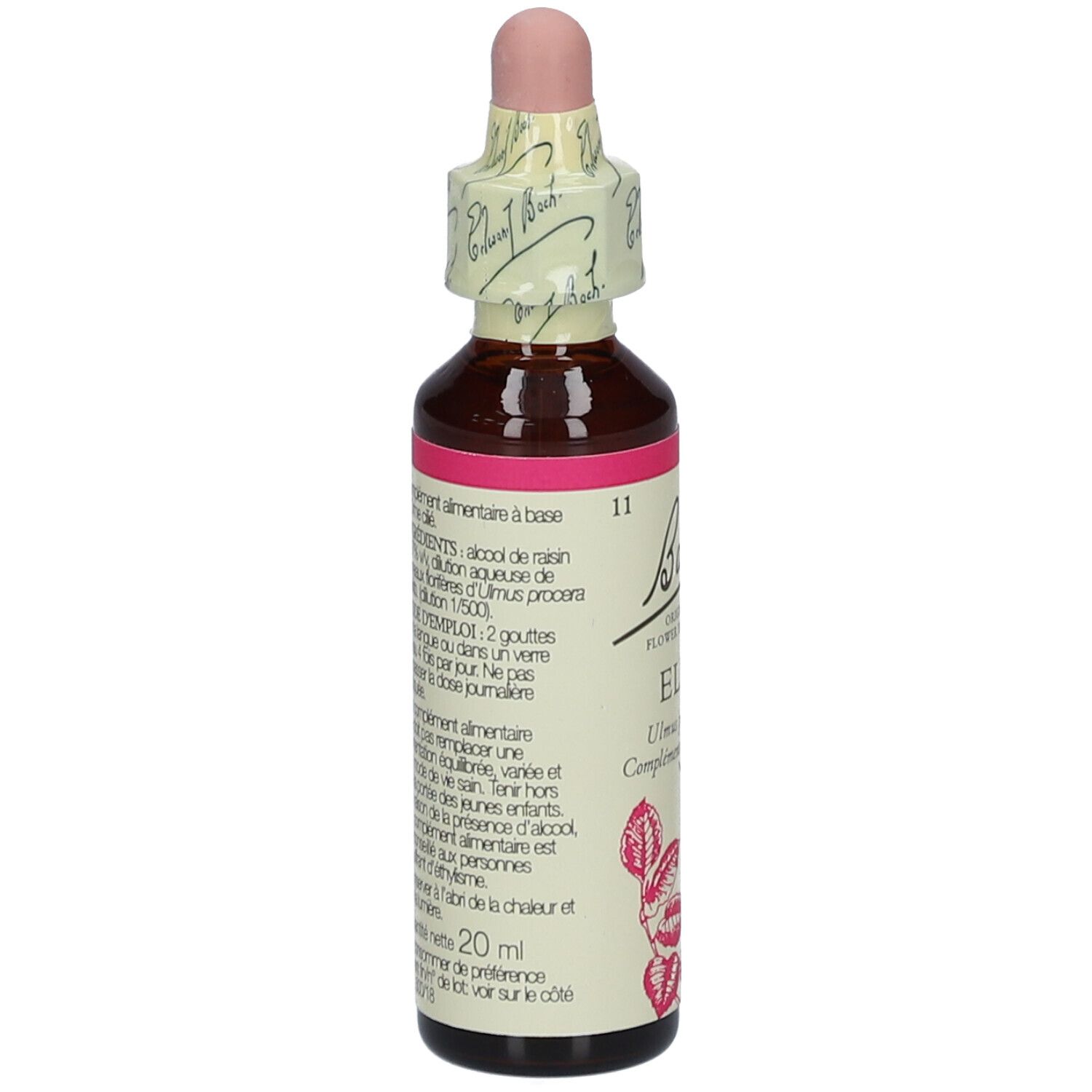 Flacon en verre brun avec étiquette rose et compte-gouttes. Inscription: Bach Original Flower Essences ELM.