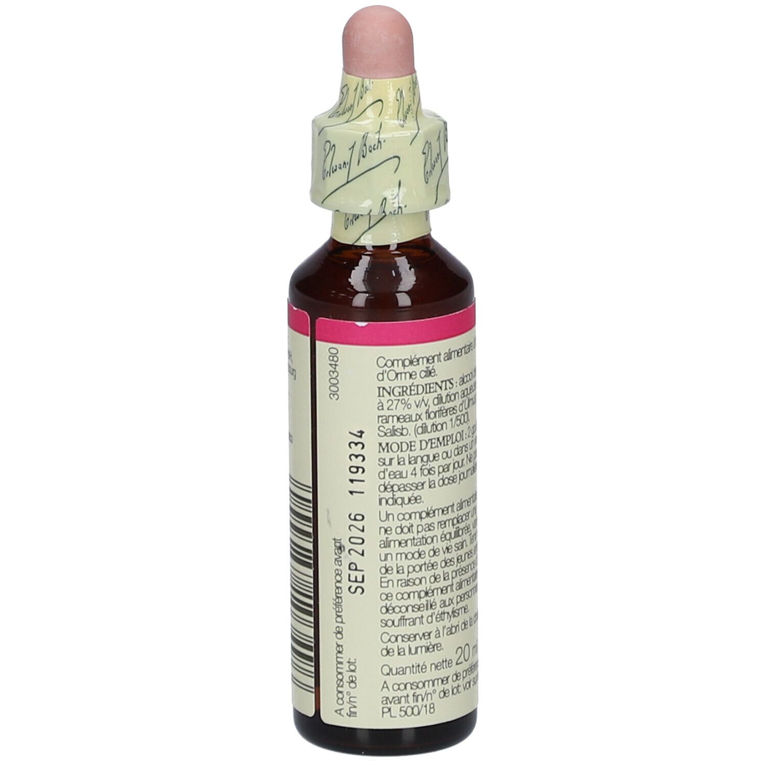Flacon en verre brun avec étiquette rose et compte-gouttes. Inscription: Bach Original Flower Essences ELM.