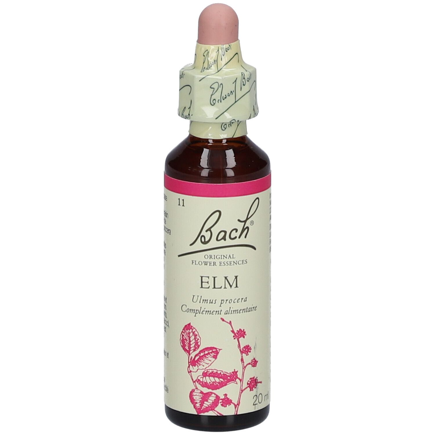 Flacon en verre brun avec étiquette rose et compte-gouttes. Inscription: Bach Original Flower Essences ELM.