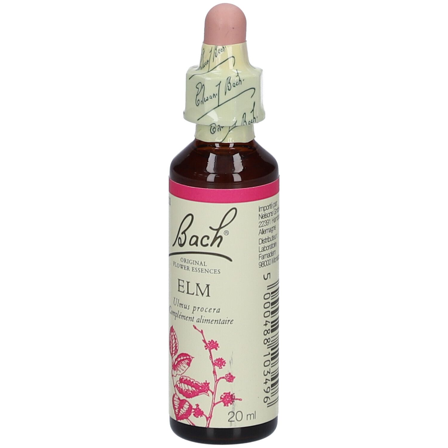 Flacon en verre brun avec étiquette rose et compte-gouttes. Inscription: Bach Original Flower Essences ELM.