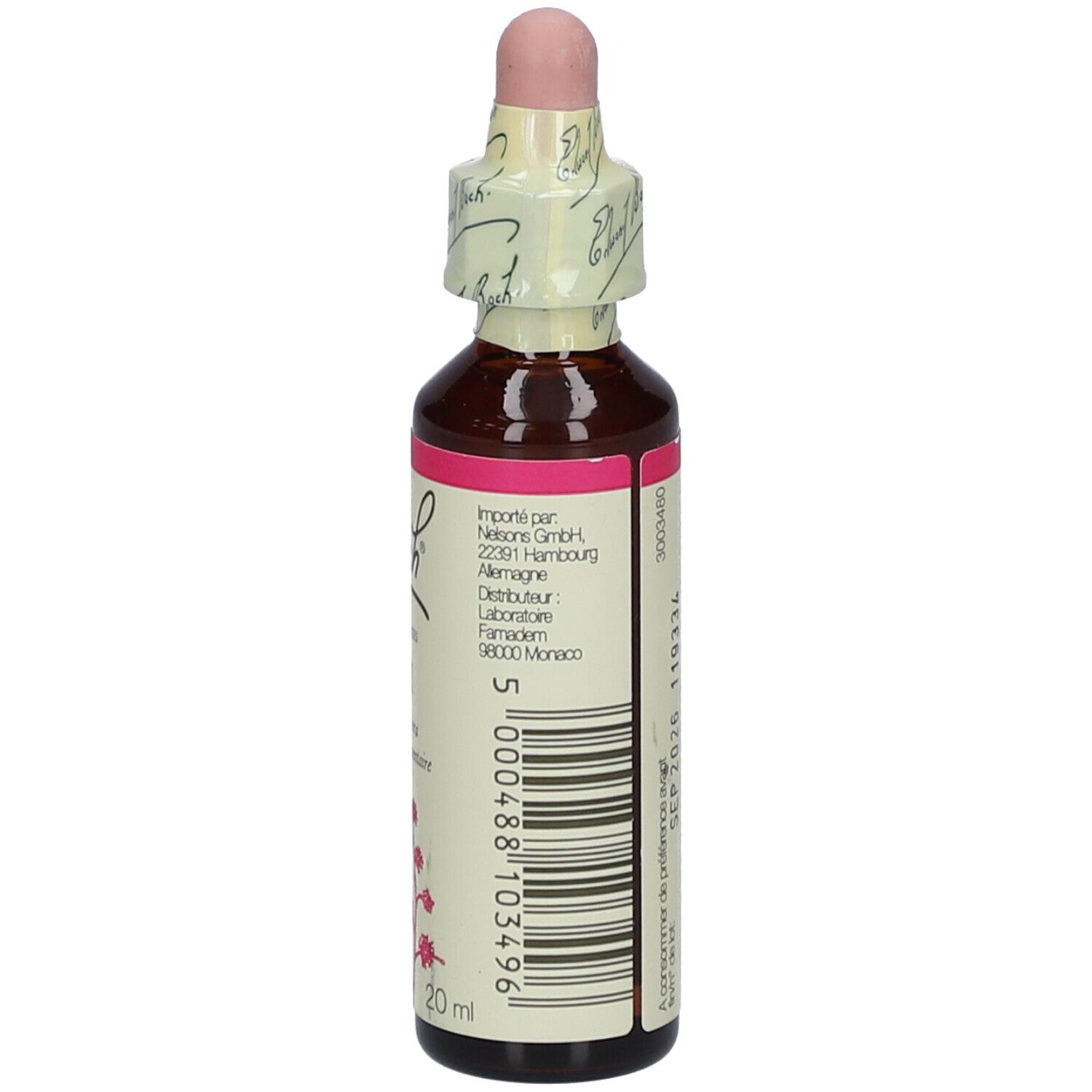 Flacon en verre brun avec étiquette rose et compte-gouttes. Inscription: Bach Original Flower Essences ELM.