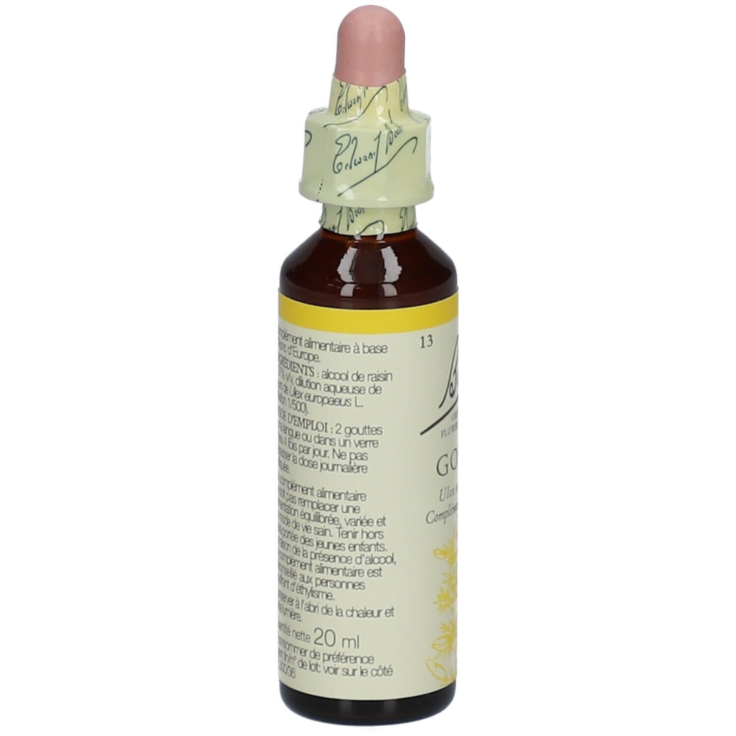 Flacon en verre brun avec compte-gouttes. Étiquette avec informations sur le produit. Texte: 20 ml.