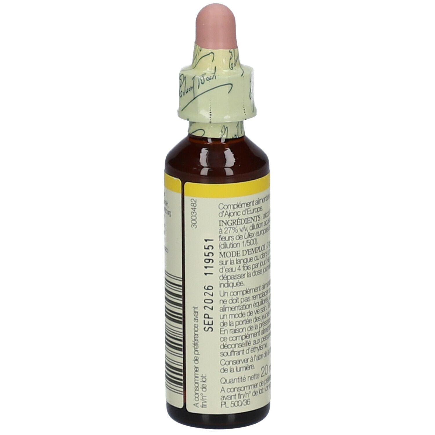 Flacon en verre brun avec compte-gouttes. Étiquette avec informations sur le produit. Texte: 20 ml.