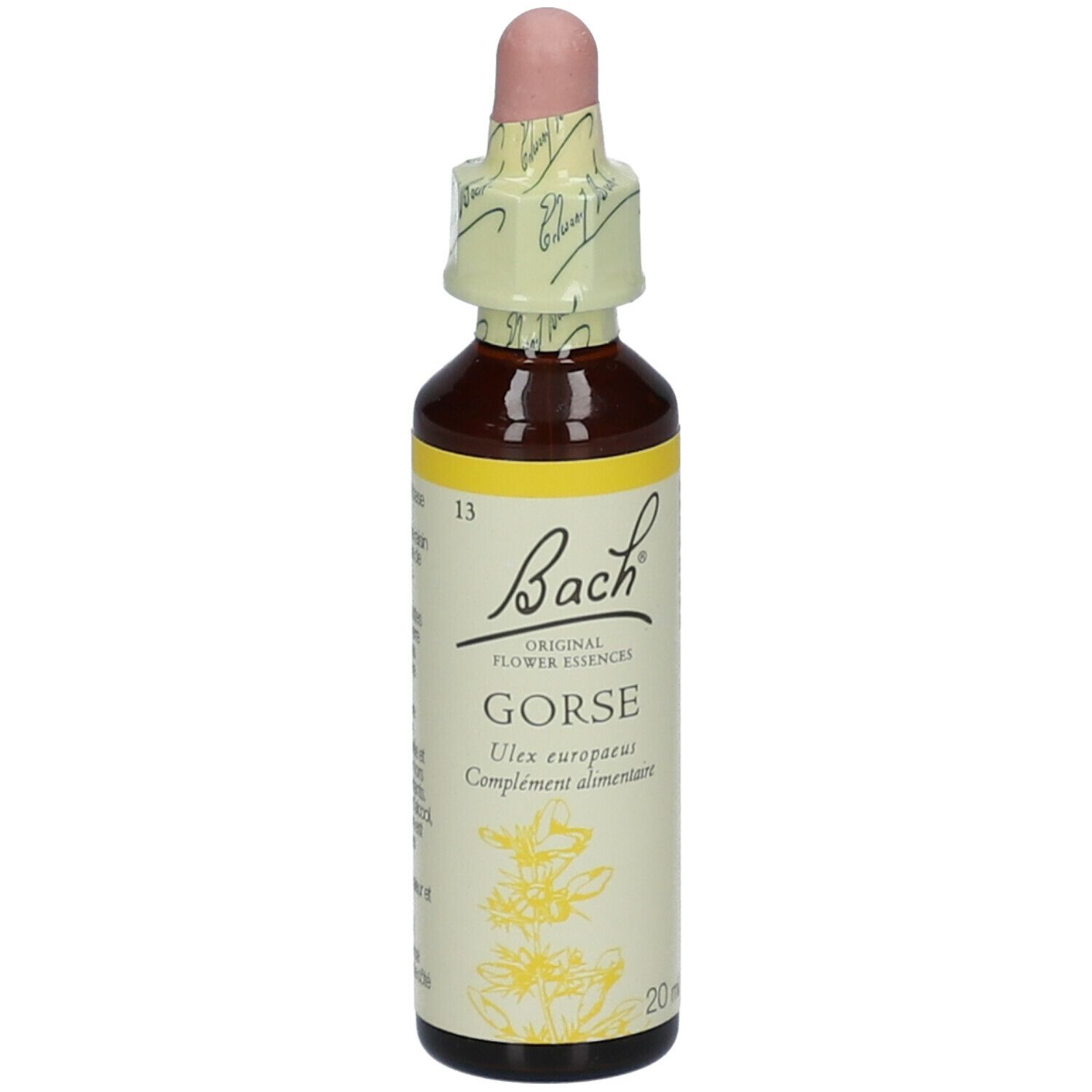 Flacon en verre brun avec compte-gouttes. Étiquette avec nom du produit et marque: Bach Original Gorse Nr. 13.