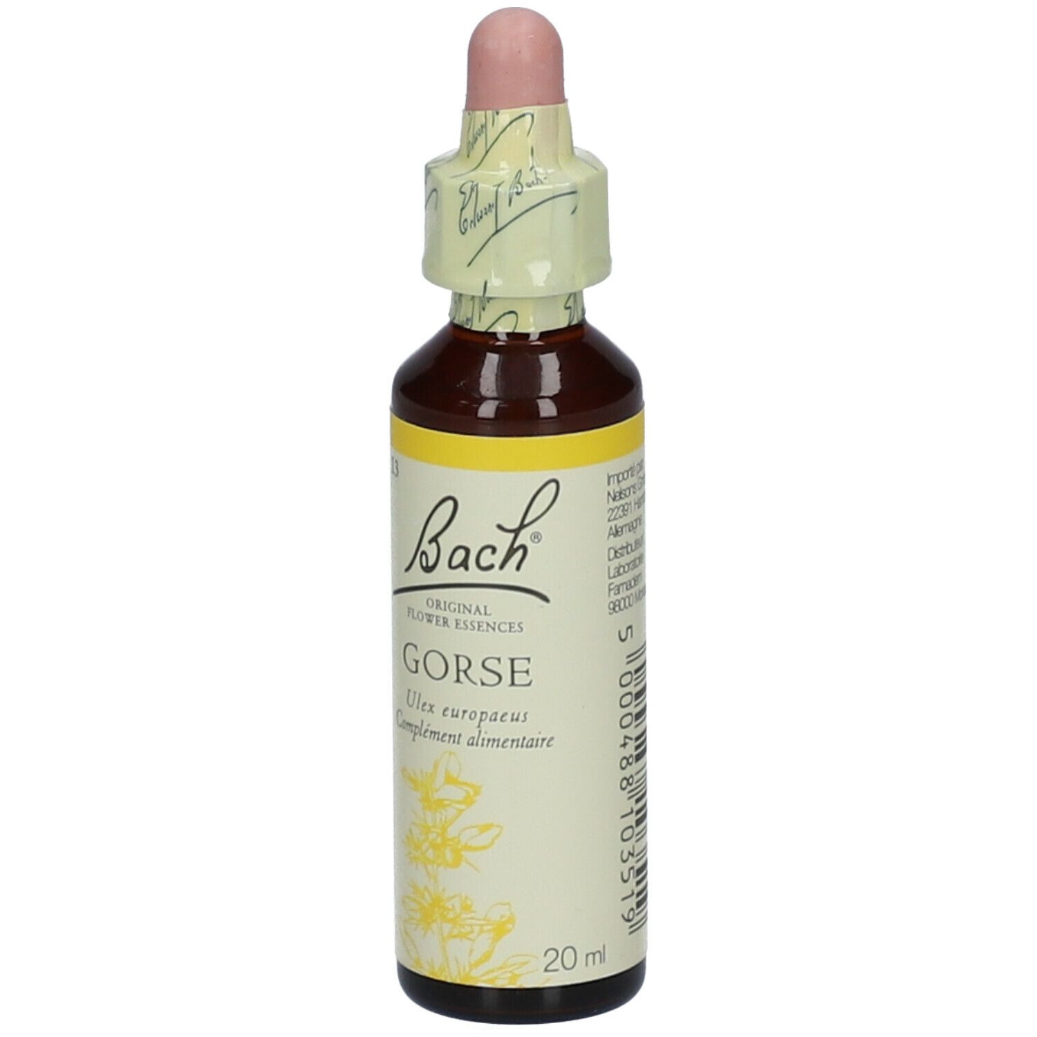 Flacon en verre brun avec compte-gouttes. Étiquette avec informations sur le produit. Texte: 20 ml.