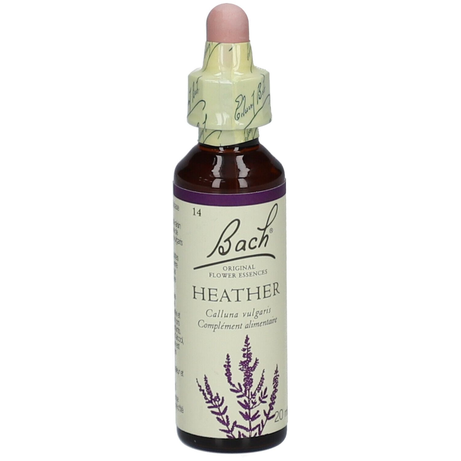 Flacon en verre brun avec compte-gouttes. Étiquette 'Bach Original Flower Essences Heather'.