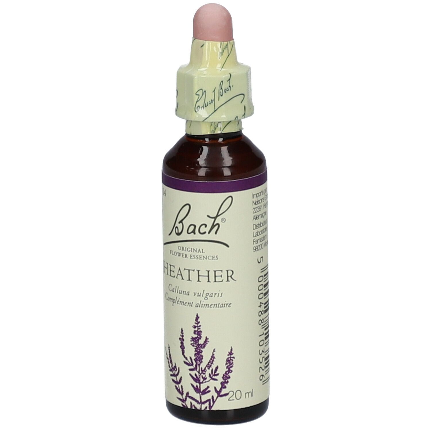 Flacon en verre brun avec compte-gouttes. Étiquette 'Bach Original Flower Essences Heather'.